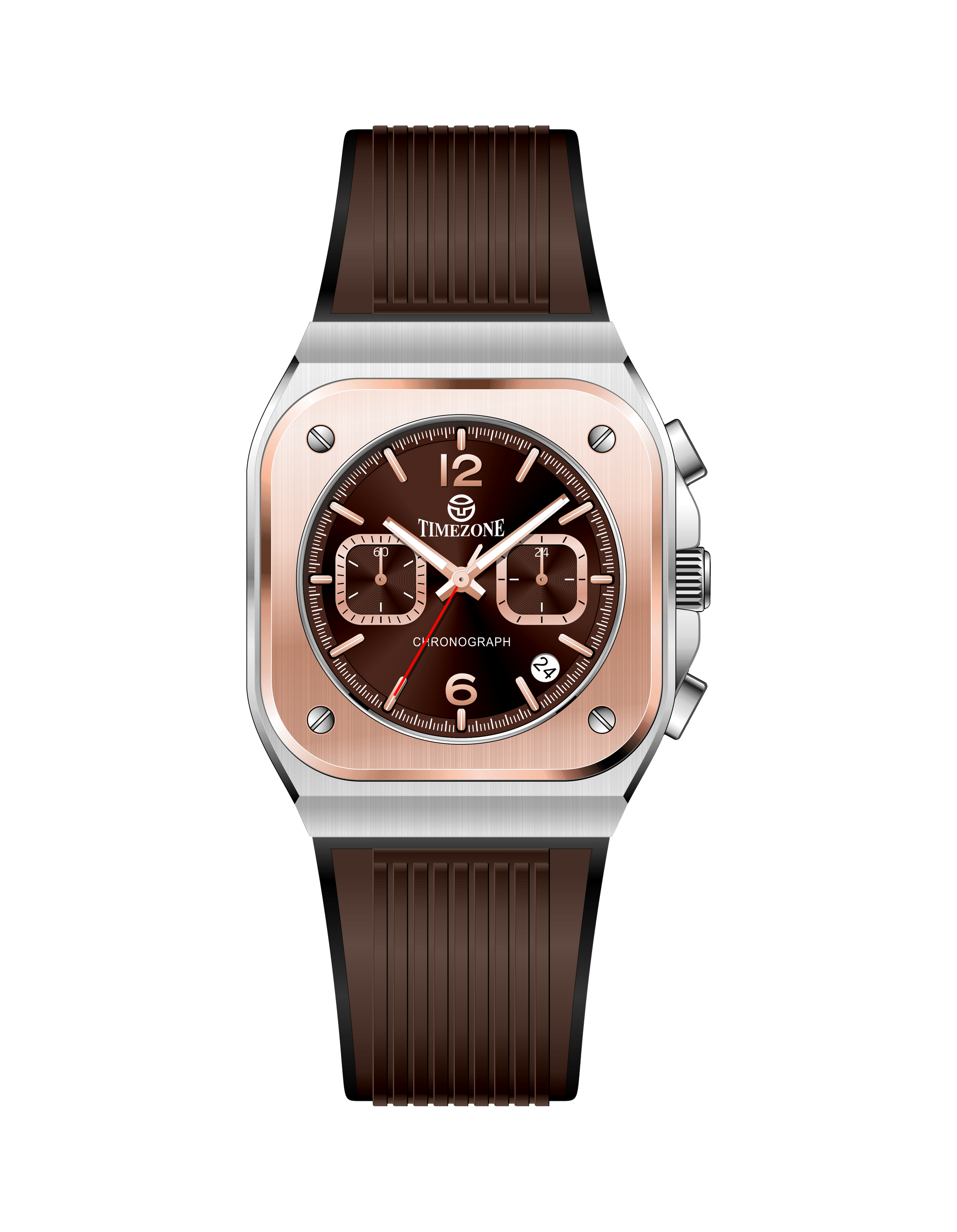Watch with brown strap and rose gold case on white background. Branded wrist watch for men in pakistan.