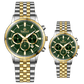 Branded couple wrist watches in pakistan. A pair of stainless steel Navitimer Aerospace watches, one with a larger dial and the other with a smaller dial, both featuring a green face, gold accents, and a two-tone band.