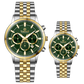 Branded couple wrist watches in pakistan. A pair of stainless steel Navitimer Aerospace watches, one with a larger dial and the other with a smaller dial, both featuring a green face, gold accents, and a two-tone band.