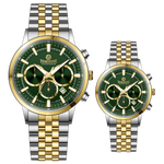 Branded couple wrist watches in pakistan. A pair of stainless steel Navitimer Aerospace watches, one with a larger dial and the other with a smaller dial, both featuring a green face, gold accents, and a two-tone band.