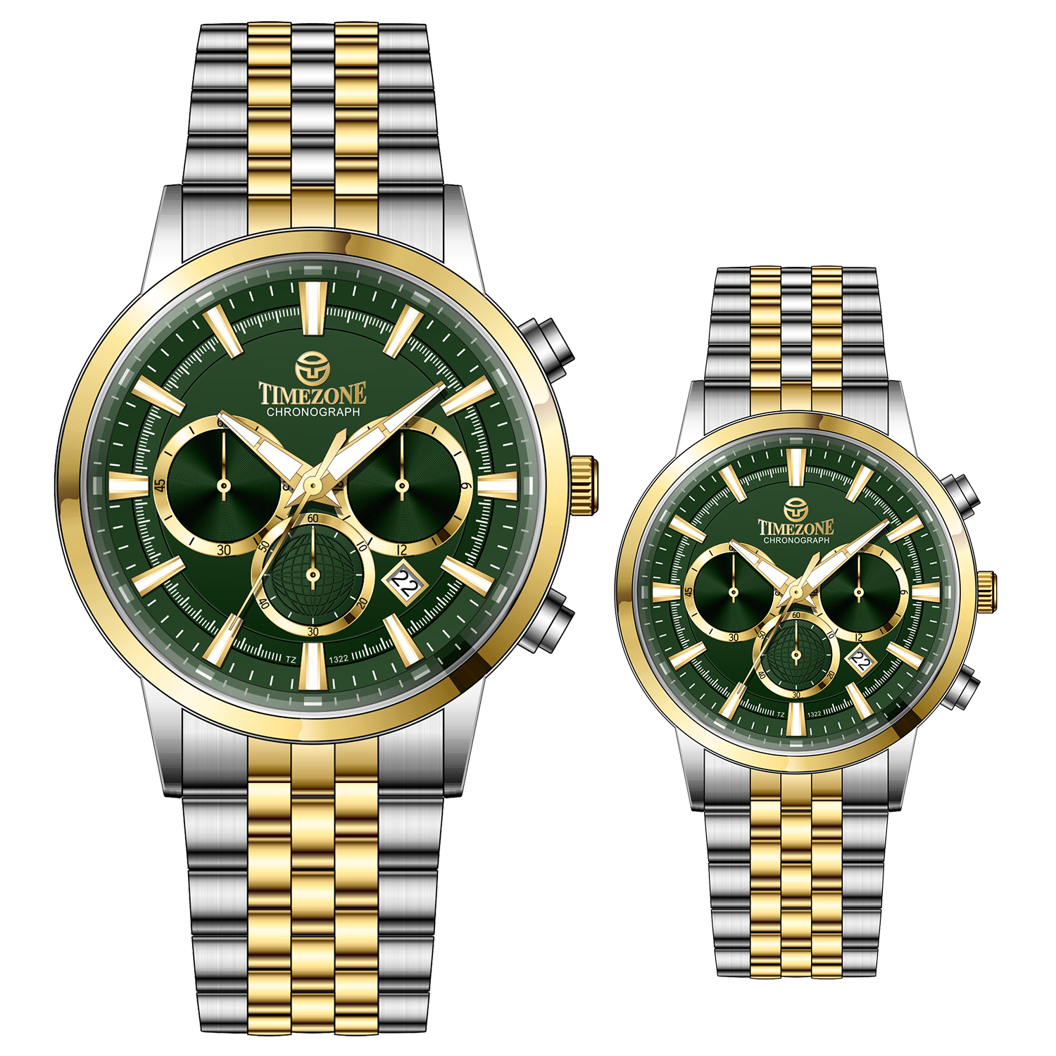 Branded couple wrist watches in pakistan. A pair of stainless steel Navitimer Aerospace watches, one with a larger dial and the other with a smaller dial, both featuring a green face, gold accents, and a two-tone band.
