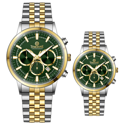 Branded couple wrist watches in pakistan. A pair of stainless steel Navitimer Aerospace watches, one with a larger dial and the other with a smaller dial, both featuring a green face, gold accents, and a two-tone band.