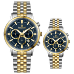 Branded couple wrist watches in pakistan. A pair of stainless steel Navitimer Aerospace watches, one with a larger dial and the other with a smaller dial, both featuring a green face, gold accents, and a two-tone band.