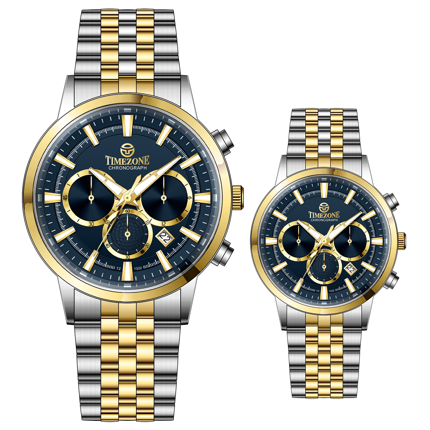 Branded couple wrist watches in pakistan. A pair of stainless steel Navitimer Aerospace watches, one with a larger dial and the other with a smaller dial, both featuring a green face, gold accents, and a two-tone band.