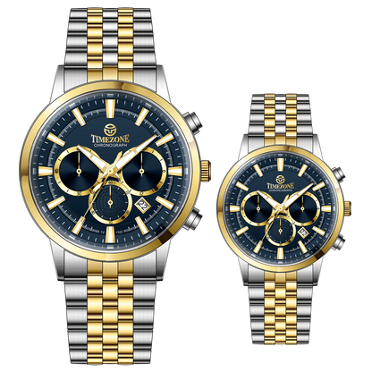 Branded couple wrist watches in pakistan. A pair of stainless steel Navitimer Aerospace watches, one with a larger dial and the other with a smaller dial, both featuring a green face, gold accents, and a two-tone band.