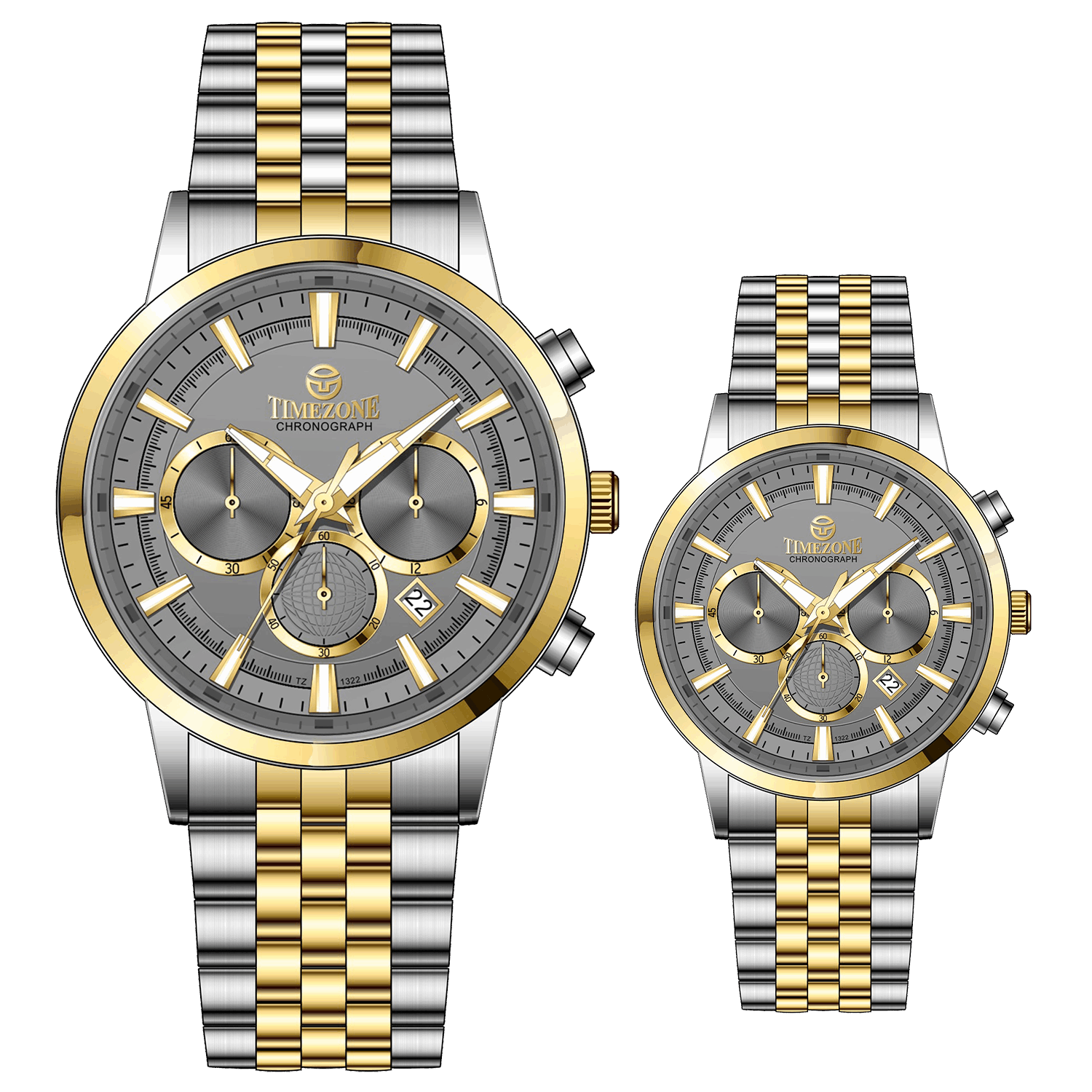 Branded couple wrist watches in pakistan. A pair of stainless steel Navitimer Aerospace watches, one with a larger dial and the other with a smaller dial, both featuring a green face, gold accents, and a two-tone band.
