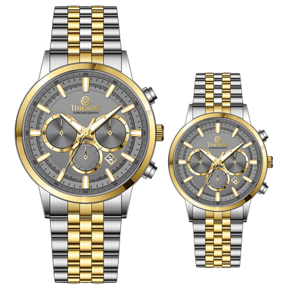 Branded couple wrist watches in pakistan. A pair of stainless steel Navitimer Aerospace watches, one with a larger dial and the other with a smaller dial, both featuring a green face, gold accents, and a two-tone band.