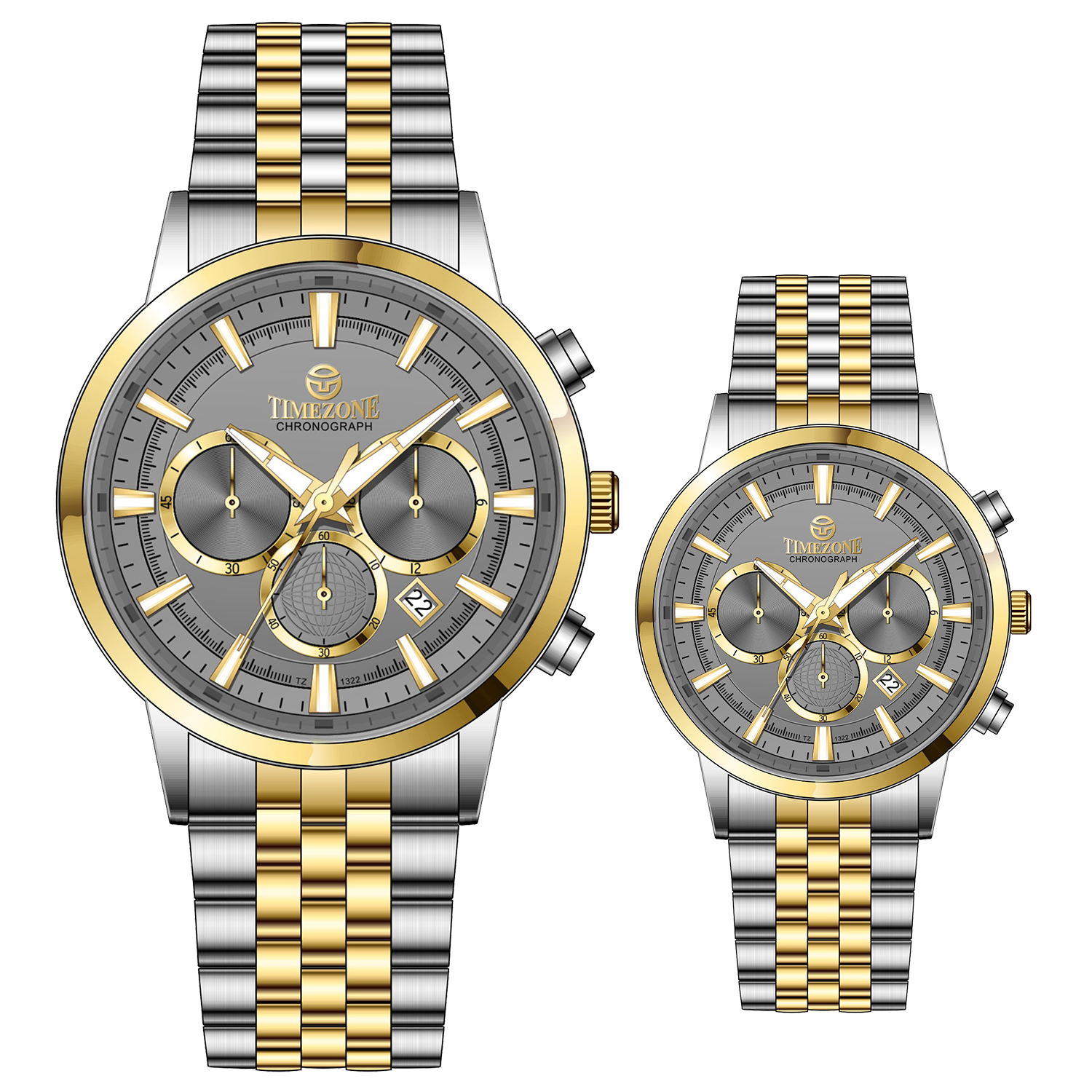 Branded couple wrist watches in pakistan. A pair of stainless steel Navitimer Aerospace watches, one with a larger dial and the other with a smaller dial, both featuring a green face, gold accents, and a two-tone band.