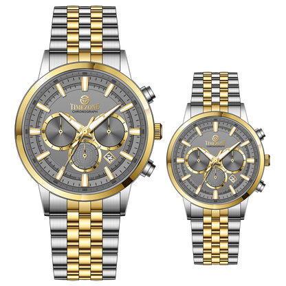 Branded couple wrist watches in pakistan. A pair of stainless steel Navitimer Aerospace watches, one with a larger dial and the other with a smaller dial, both featuring a green face, gold accents, and a two-tone band.