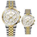 Branded couple wrist watches in pakistan. A pair of stainless steel Navitimer Aerospace watches, one with a larger dial and the other with a smaller dial, both featuring a green face, gold accents, and a two-tone band.