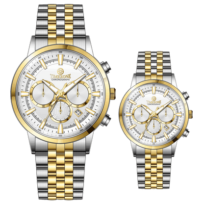 Branded couple wrist watches in pakistan. A pair of stainless steel Navitimer Aerospace watches, one with a larger dial and the other with a smaller dial, both featuring a green face, gold accents, and a two-tone band.