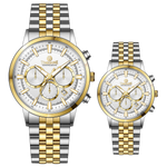 Branded couple wrist watches in pakistan. A pair of stainless steel Navitimer Aerospace watches, one with a larger dial and the other with a smaller dial, both featuring a green face, gold accents, and a two-tone band.