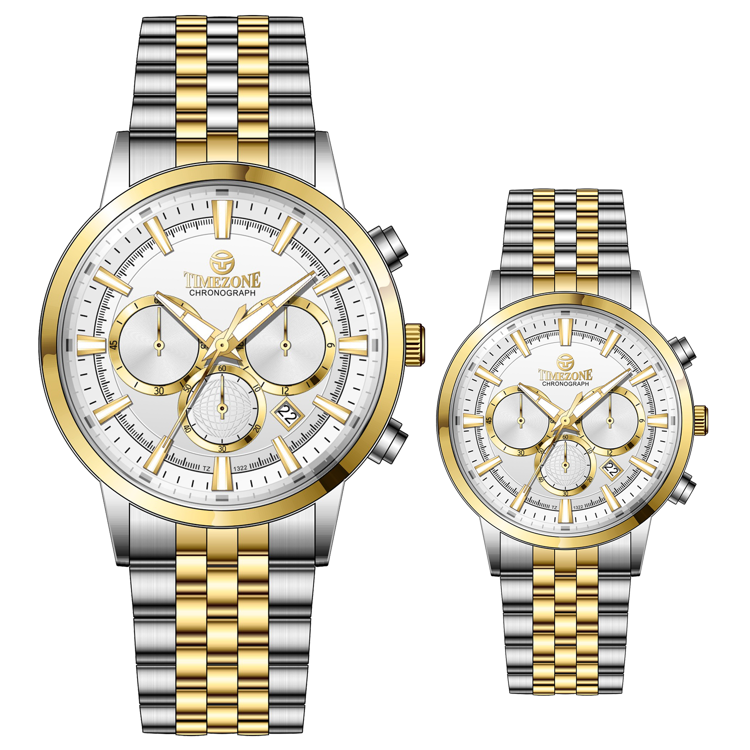 Branded couple wrist watches in pakistan. A pair of stainless steel Navitimer Aerospace watches, one with a larger dial and the other with a smaller dial, both featuring a green face, gold accents, and a two-tone band.