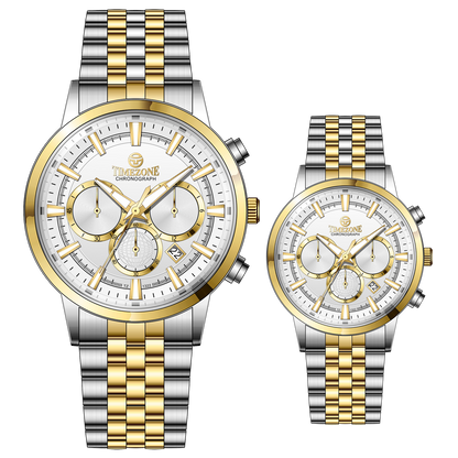 Branded couple wrist watches in pakistan. A pair of stainless steel Navitimer Aerospace watches, one with a larger dial and the other with a smaller dial, both featuring a green face, gold accents, and a two-tone band.