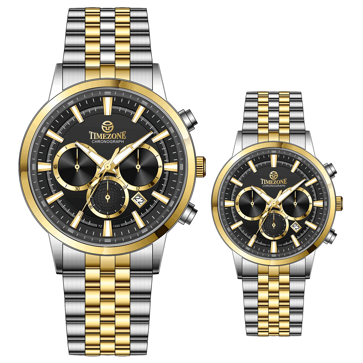 Branded couple wrist watches in pakistan. A pair of stainless steel Navitimer Aerospace watches, one with a larger dial and the other with a smaller dial, both featuring a green face, gold accents, and a two-tone band.
