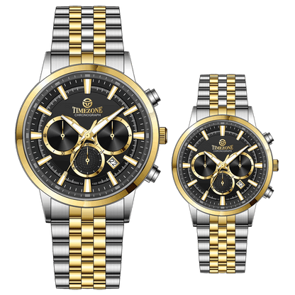 Branded couple wrist watches in pakistan. A pair of stainless steel Navitimer Aerospace watches, one with a larger dial and the other with a smaller dial, both featuring a green face, gold accents, and a two-tone band.