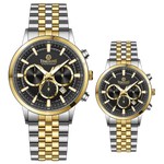Branded couple wrist watches in pakistan. A pair of stainless steel Navitimer Aerospace watches, one with a larger dial and the other with a smaller dial, both featuring a green face, gold accents, and a two-tone band.