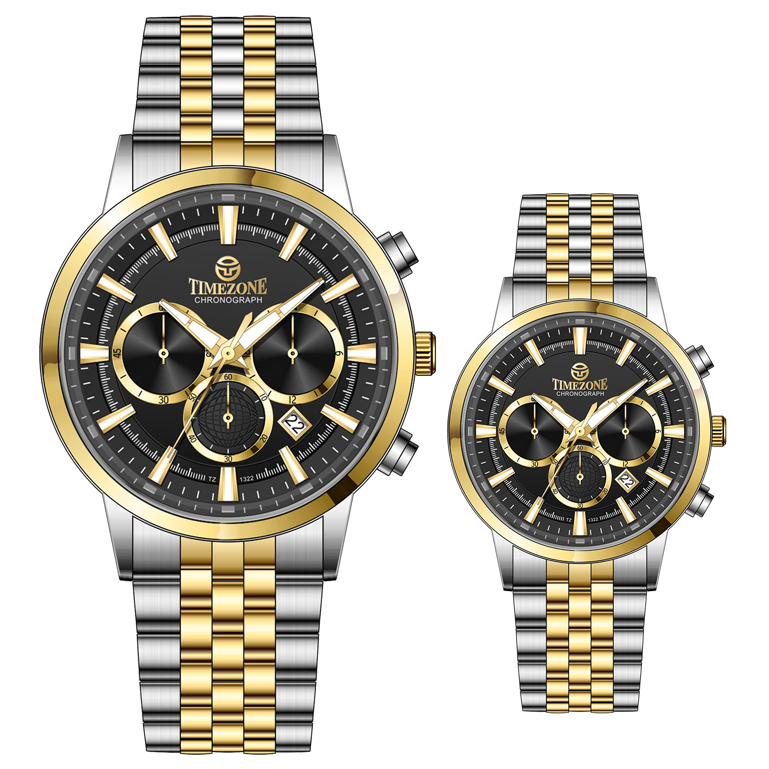 Branded couple wrist watches in pakistan. A pair of stainless steel Navitimer Aerospace watches, one with a larger dial and the other with a smaller dial, both featuring a green face, gold accents, and a two-tone band.