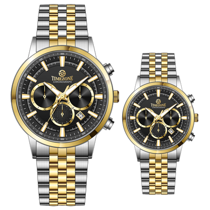 Branded couple wrist watches in pakistan. A pair of stainless steel Navitimer Aerospace watches, one with a larger dial and the other with a smaller dial, both featuring a green face, gold accents, and a two-tone band.
