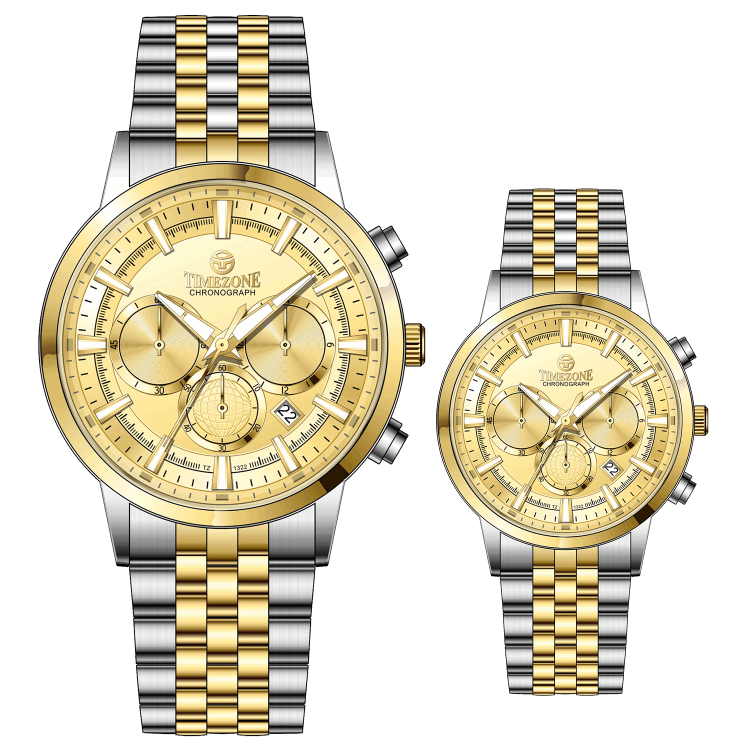 Branded couple wrist watches in pakistan. A pair of stainless steel Navitimer Aerospace watches, one with a larger dial and the other with a smaller dial, both featuring a green face, gold accents, and a two-tone band.
