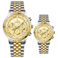 Branded couple wrist watches in pakistan. A pair of stainless steel Navitimer Aerospace watches, one with a larger dial and the other with a smaller dial, both featuring a green face, gold accents, and a two-tone band.