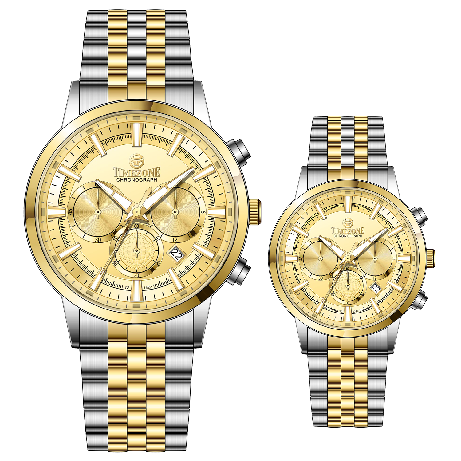 Branded couple wrist watches in pakistan. A pair of stainless steel Navitimer Aerospace watches, one with a larger dial and the other with a smaller dial, both featuring a green face, gold accents, and a two-tone band.