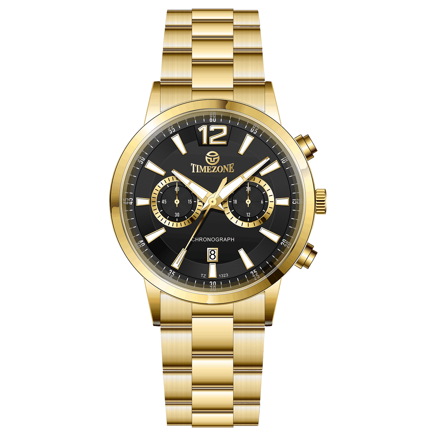 Branded wrist watch for men in pakistan. A gold-colored stainless steel watch with a chronograph function and a band material of the same material.