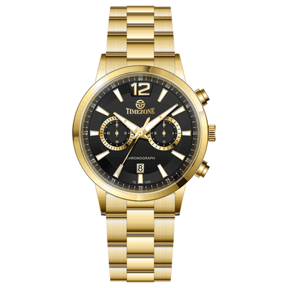 Branded wrist watch for men in pakistan. A gold-colored stainless steel watch with a chronograph function and a band material of the same material.