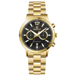 Branded wrist watch for men in pakistan. A gold-colored stainless steel watch with a chronograph function and a band material of the same material.