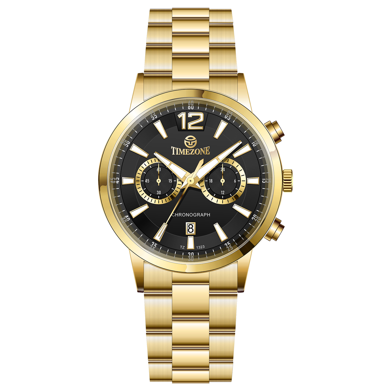 Branded wrist watch for men in pakistan. A gold-colored stainless steel watch with a chronograph function and a band material of the same material.