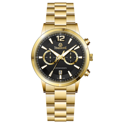 Branded wrist watch for men in pakistan. A gold-colored stainless steel watch with a chronograph function and a band material of the same material.