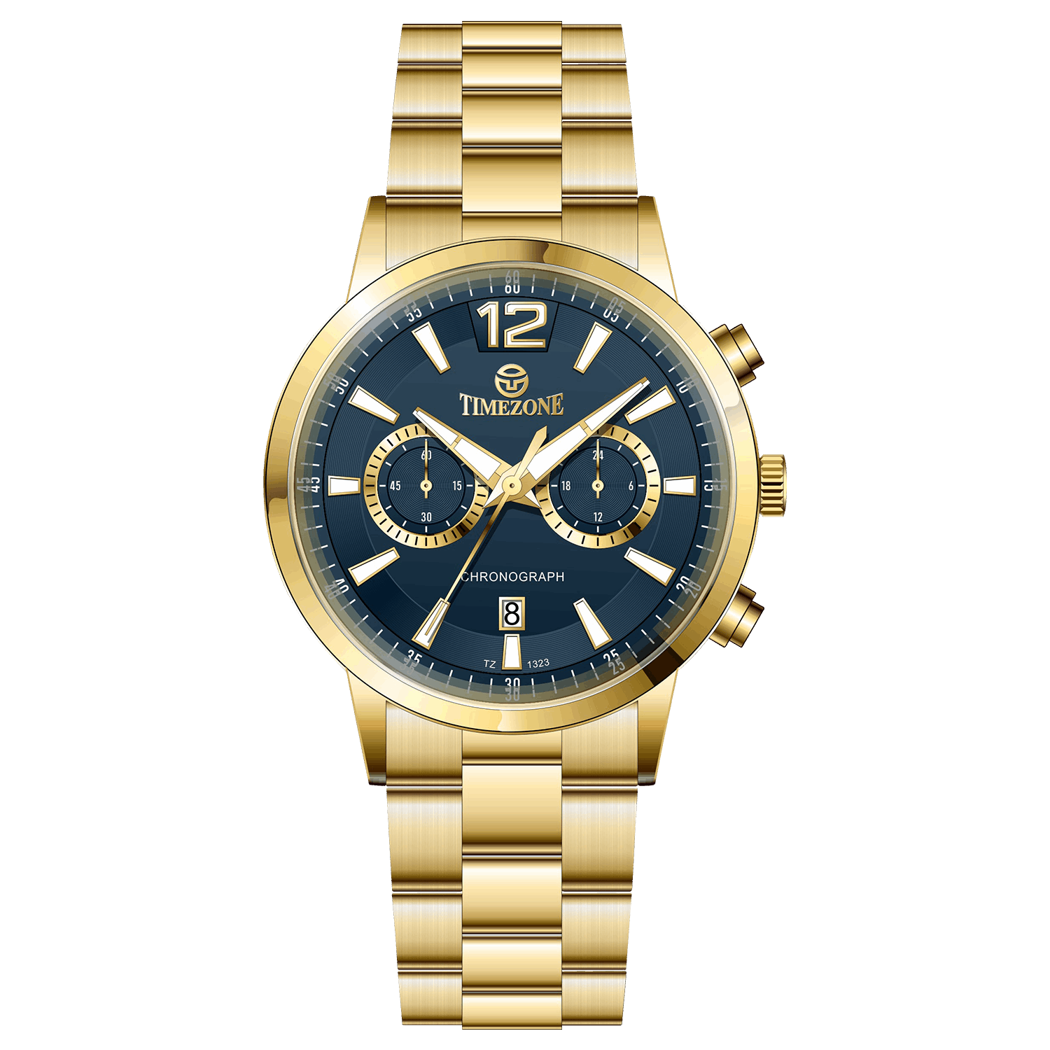 Branded wrist watch for men in pakistan. A gold-colored stainless steel watch with a chronograph function and a band material of the same material.