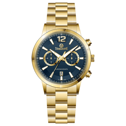 Branded wrist watch for men in pakistan. A gold-colored stainless steel watch with a chronograph function and a band material of the same material.