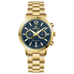 Branded wrist watch for men in pakistan. A gold-colored stainless steel watch with a chronograph function and a band material of the same material.