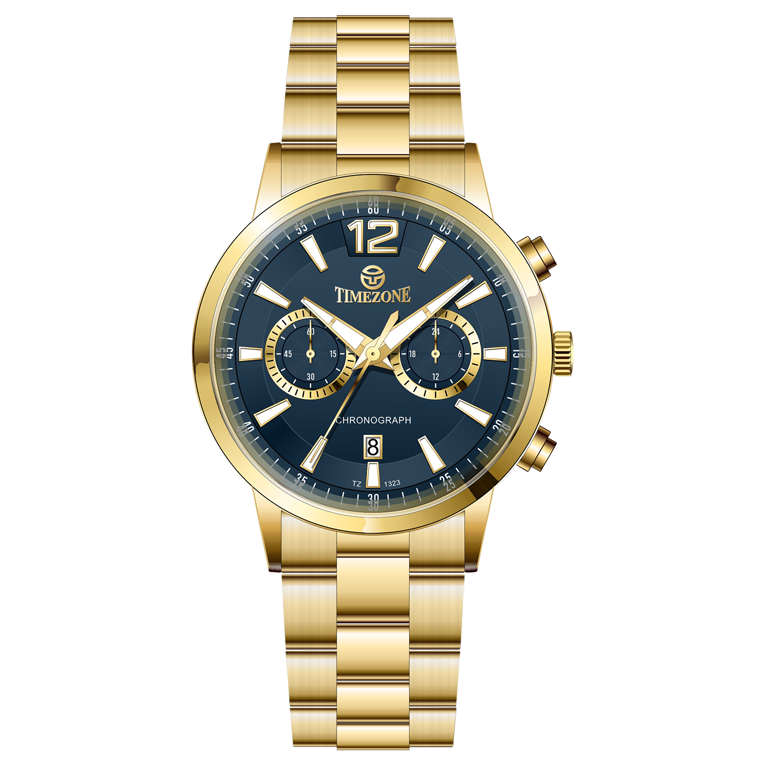 Branded wrist watch for men in pakistan. A gold-colored stainless steel watch with a chronograph function and a band material of the same material.