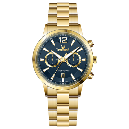 Branded wrist watch for men in pakistan. A gold-colored stainless steel watch with a chronograph function and a band material of the same material.