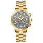 Branded wrist watch for men in pakistan. A gold-colored stainless steel watch with a chronograph function and a band material of the same material.