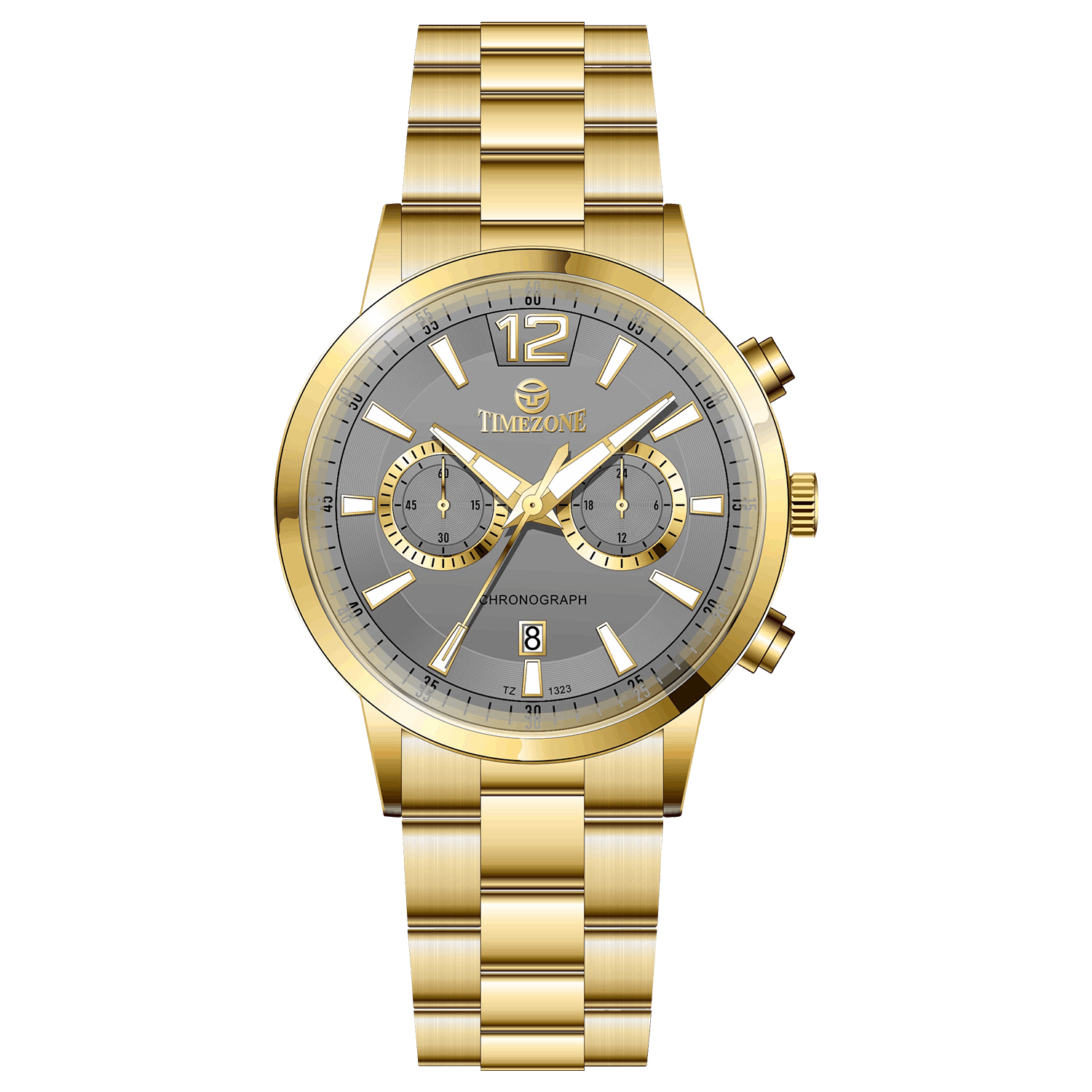 Branded wrist watch for men in pakistan. A gold-colored stainless steel watch with a chronograph function and a band material of the same material.