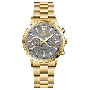 Branded wrist watch for men in pakistan. A gold-colored stainless steel watch with a chronograph function and a band material of the same material.