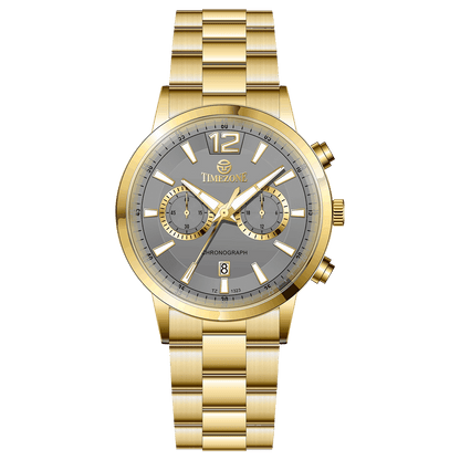 Branded wrist watch for men in pakistan. A gold-colored stainless steel watch with a chronograph function and a band material of the same material.