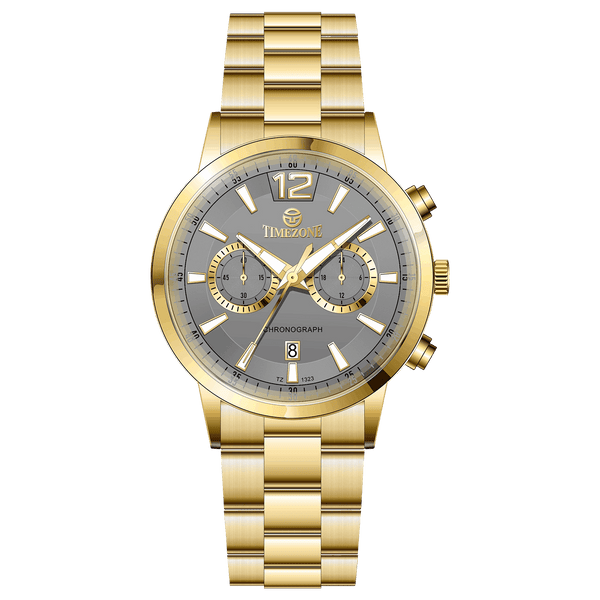 Branded wrist watch for men in pakistan. A gold-colored stainless steel watch with a chronograph function and a band material of the same material.