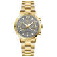Branded wrist watch for men in pakistan. A gold-colored stainless steel watch with a chronograph function and a band material of the same material.