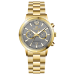 Branded wrist watch for men in pakistan. A gold-colored stainless steel watch with a chronograph function and a band material of the same material.