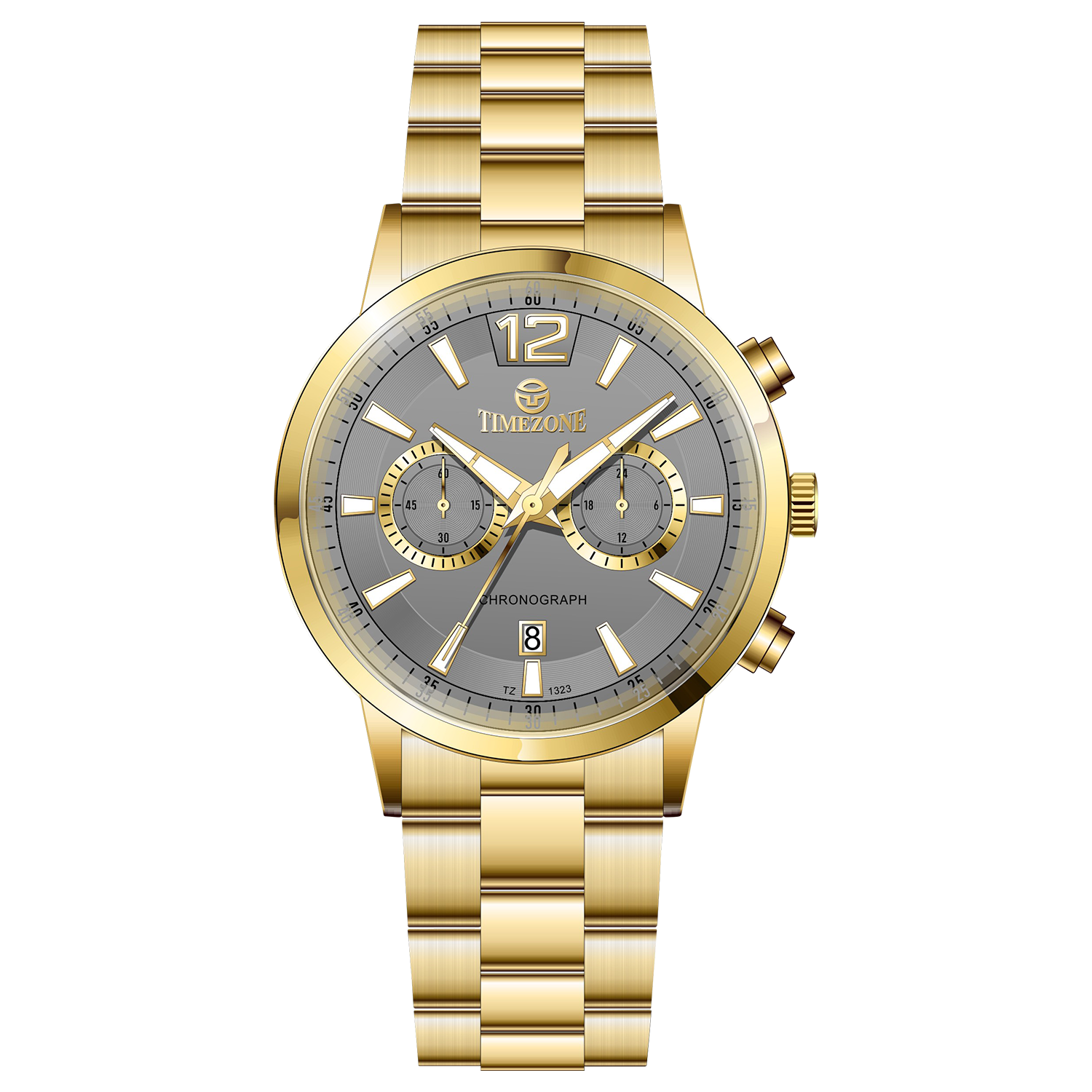 Branded wrist watch for men in pakistan. A gold-colored stainless steel watch with a chronograph function and a band material of the same material.