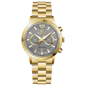 Branded wrist watch for men in pakistan. A gold-colored stainless steel watch with a chronograph function and a band material of the same material.
