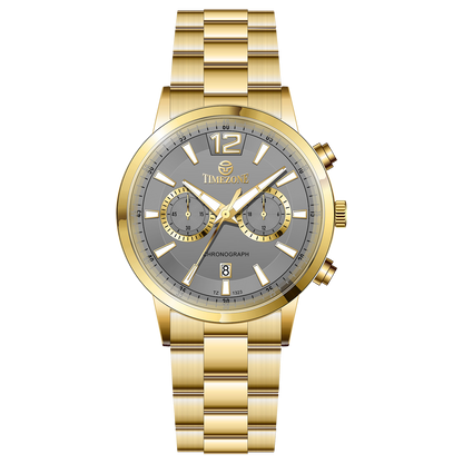 Branded wrist watch for men in pakistan. A gold-colored stainless steel watch with a chronograph function and a band material of the same material.