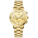 Branded wrist watch for men in pakistan. A gold-colored stainless steel watch with a chronograph function and a band material of the same material.