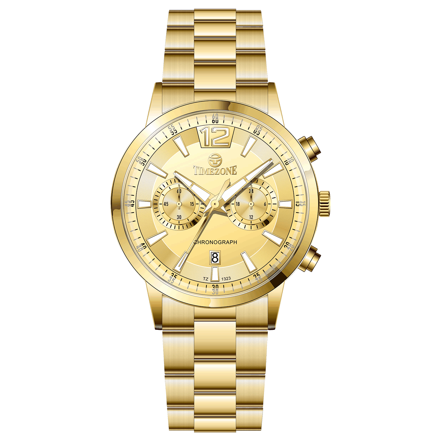Branded wrist watch for men in pakistan. A gold-colored stainless steel watch with a chronograph function and a band material of the same material.