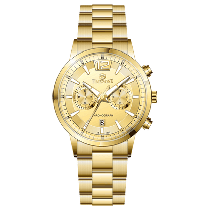 Branded wrist watch for men in pakistan. A gold-colored stainless steel watch with a chronograph function and a band material of the same material.
