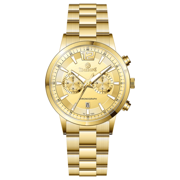 Branded wrist watch for men in pakistan. A gold-colored stainless steel watch with a chronograph function and a band material of the same material.